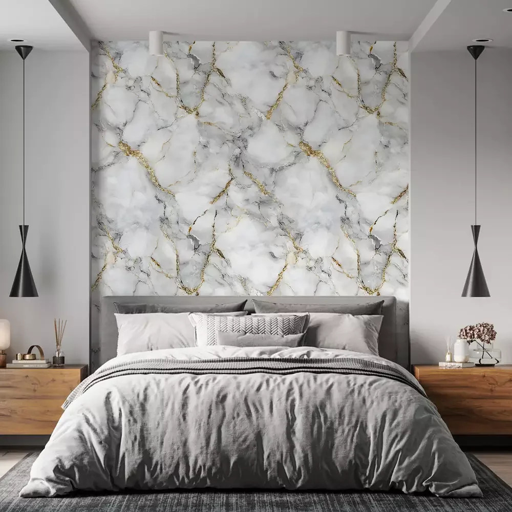 White marble effect with delicate gold cracking on a bedroom feature wall
