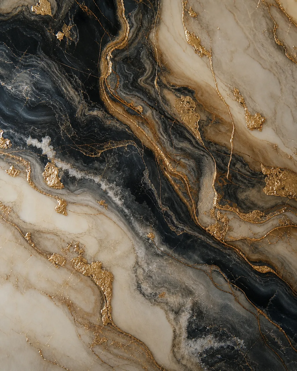 Exotic marble surface with dramatic veining and genuine gold leaf accents