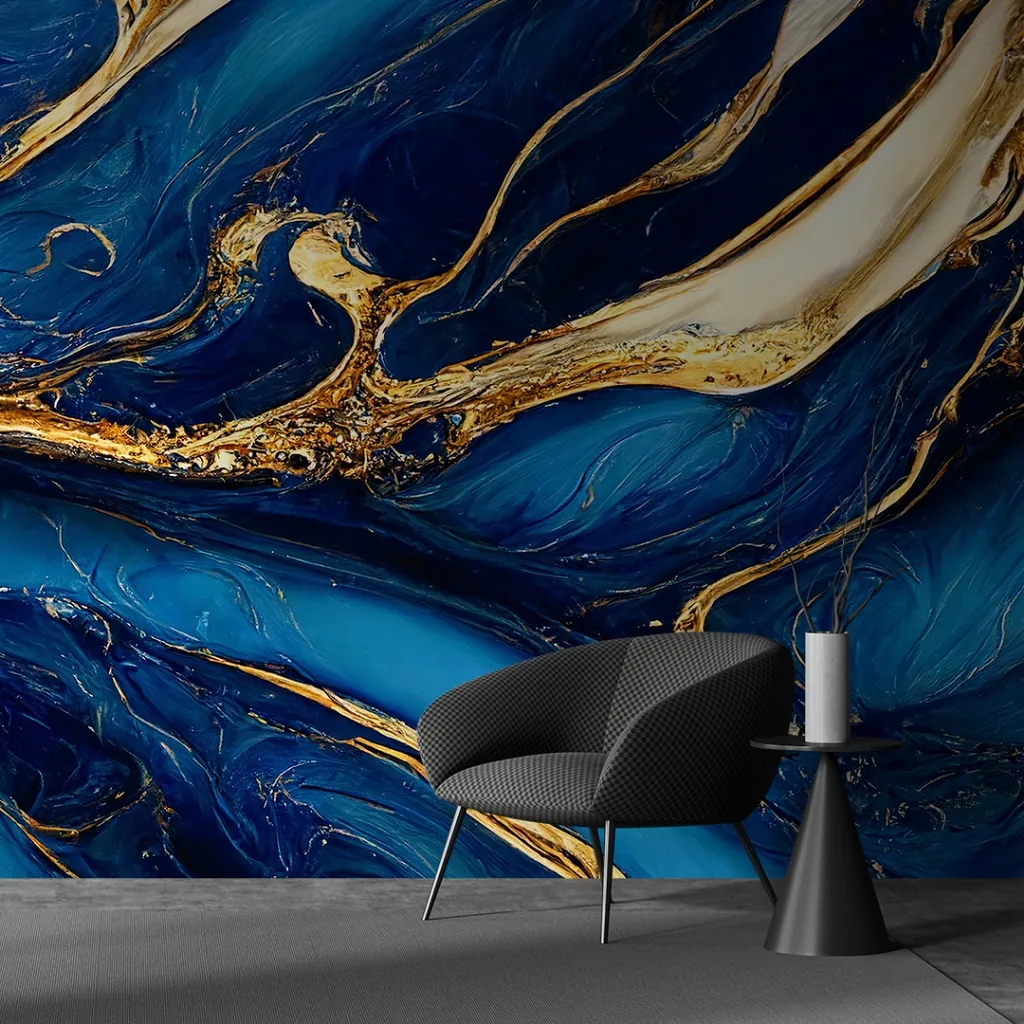 Sapphire blue marble with bold gold and ivory veining